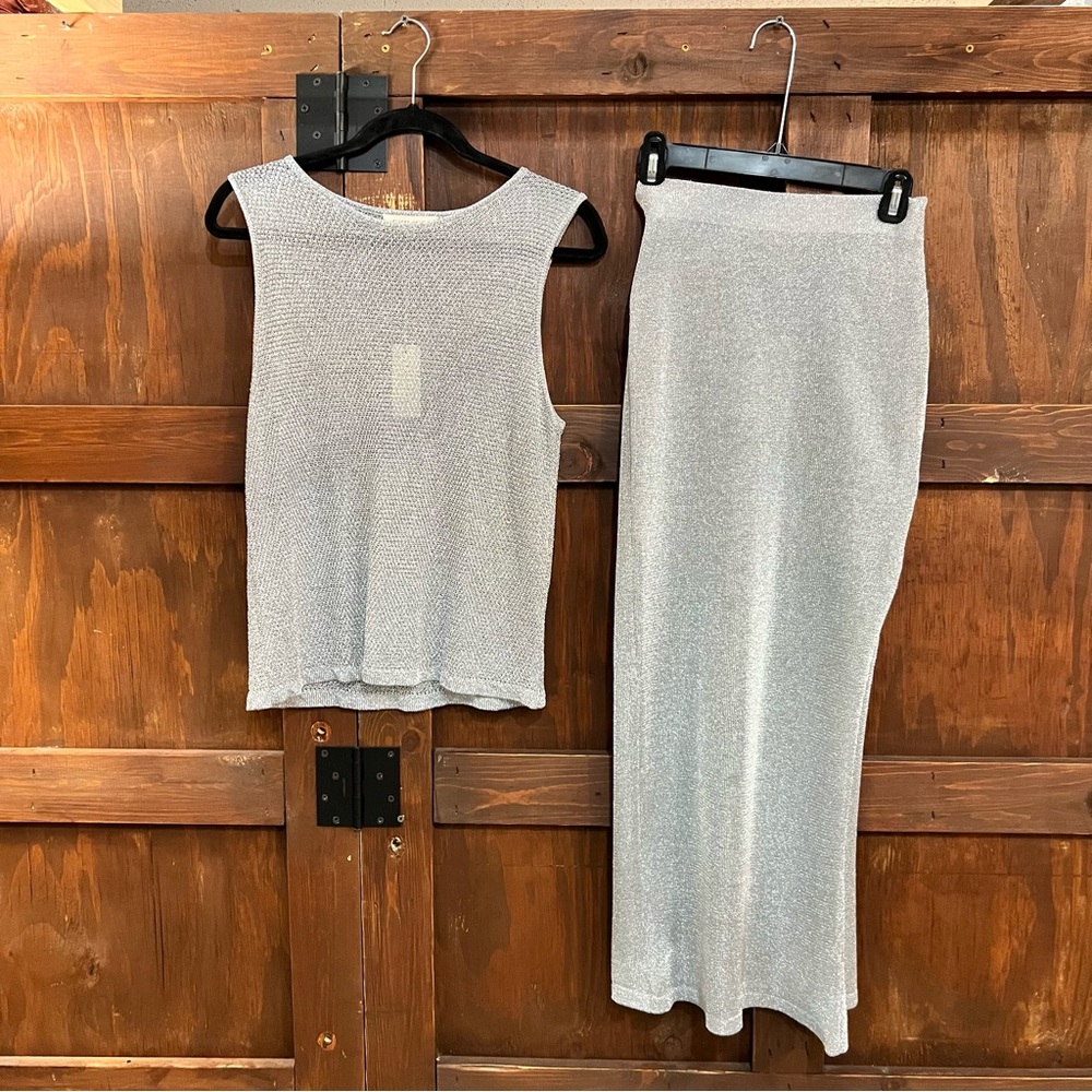 Gilded Intent Metallic Silver Knit Top $ Skirt